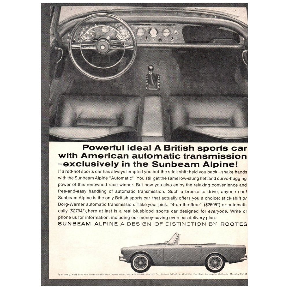 1964 Sunbeam Alpine Convertible by Rootes Cockpit Leather Vintage Print Ad
